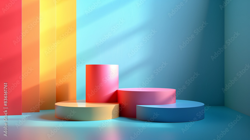 Ultra-Realistic Visual: Glossy Table and Multi-Level Color Platforms on Vibrant Blue Background in 4K Resolution Ultra-Realistic Visual: Glossy Table and Multi-Level Color Platforms on Vibrant Blue Background in 4K Resolution