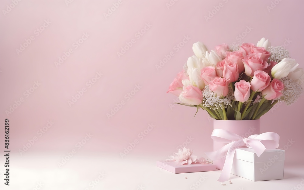 A pink and white tulips in a pink box on a white background A pink and white tulips in a pink box on a white background