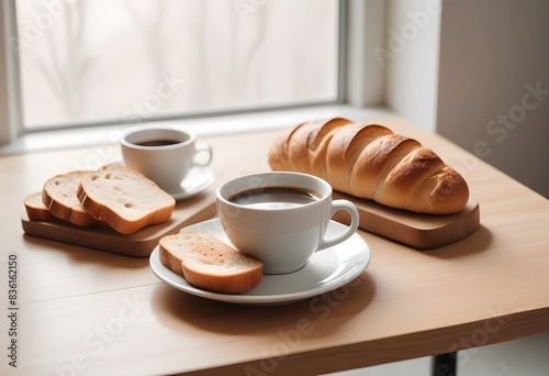 Breakfast on the wooden table. coffee  bread. morning 