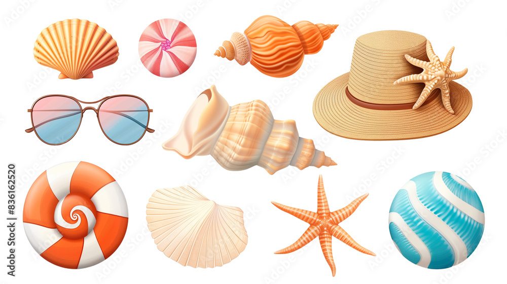 A collection of seashells and starfish on a sandy beach