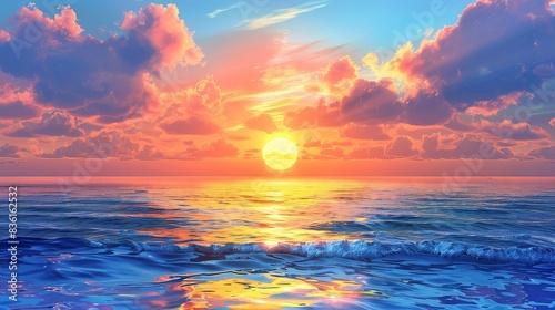 A stunning illustration of a vibrant sunset over the ocean, featuring colorful clouds and the sun reflecting on the water.