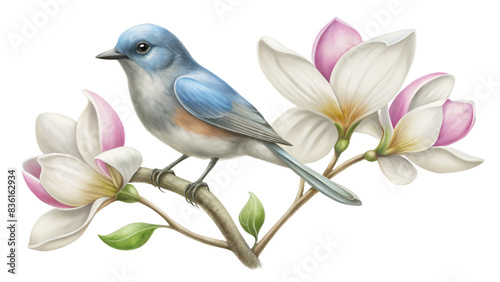 Bluebird and Magnolia Blossoms in Watercolor. PNG transparent image, AI generative