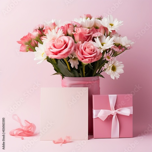 A pink and white tulips in a pink box on a white background