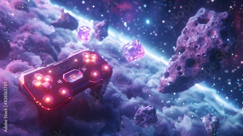 ci-fi scene with a futuristic joystick and holographic dice