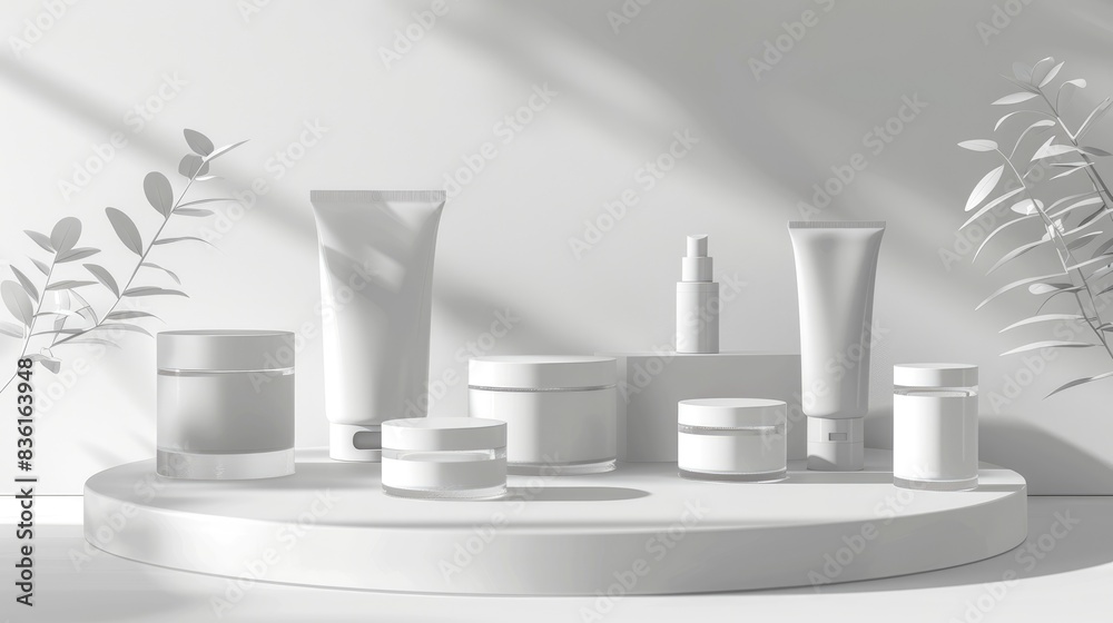 A clean, elegant mockup of white cosmetic jars and tubes arranged on a podium, with professional studio lighting and open space for text A clean, elegant mockup of white cosmetic jars and tubes arranged on a podium, with professional studio lighting and open space for text