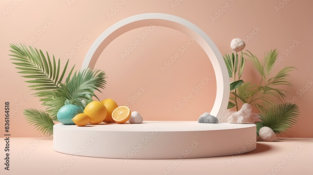 3D Podium with summer concept. 3D rendering exhibition background. 3d geometric podium mockup leaf tropical netural concept for showcase yellow background Abstract minimal scene product presentation 3D Podium with summer concept. 3D rendering exhibition background. 3d geometric podium mockup leaf tropical netural concept for showcase yellow background Abstract minimal scene product presentation