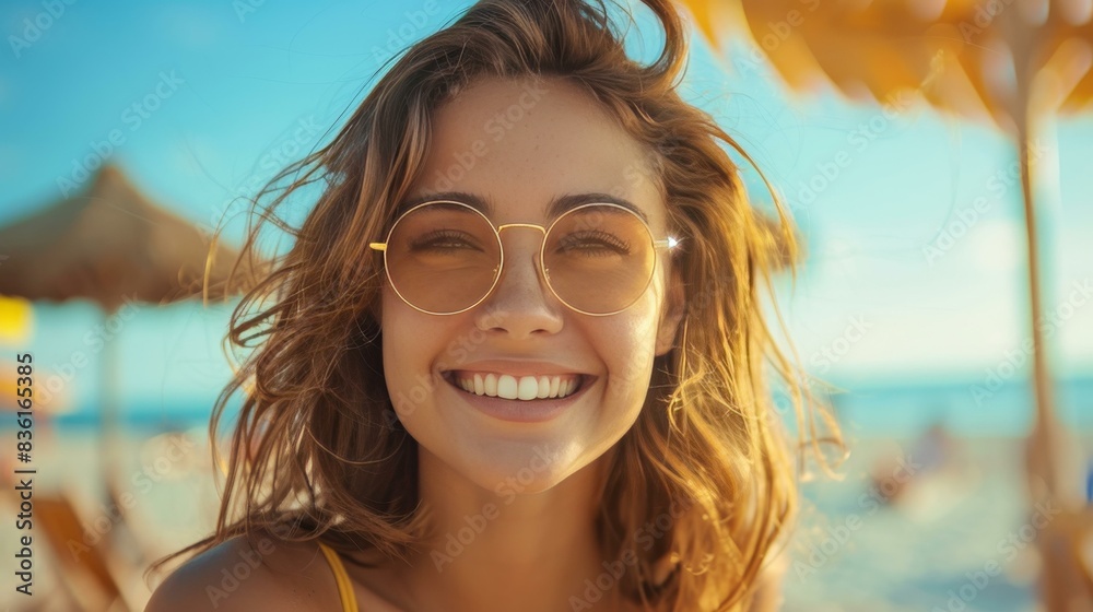 A beautiful young woman smiling at the beach, embracing a healthy lifestyle concept while enjoying a sunny day outdoors in summer. A beautiful young woman smiling at the beach, embracing a healthy lifestyle concept while enjoying a sunny day outdoors in summer.