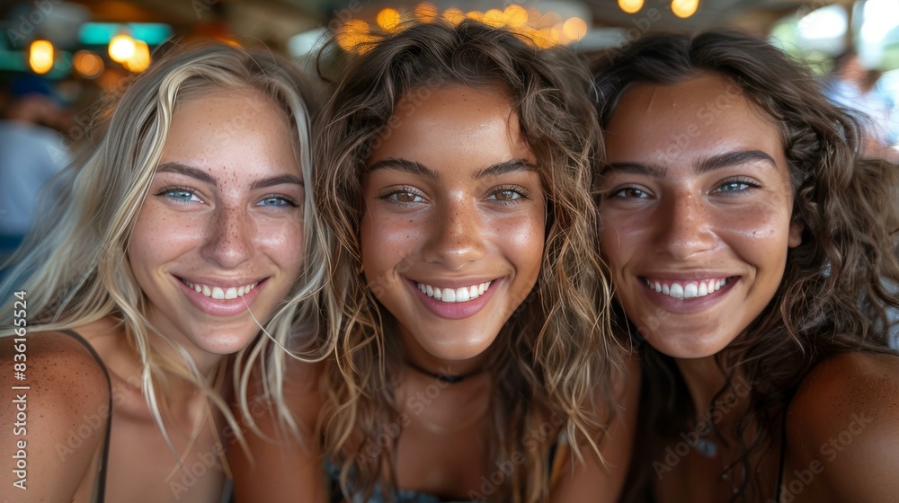 Multiracial young friends smiling and taking selfie at brewery pub in summber time. Multiracial young friends smiling and taking selfie at brewery pub in summber time.