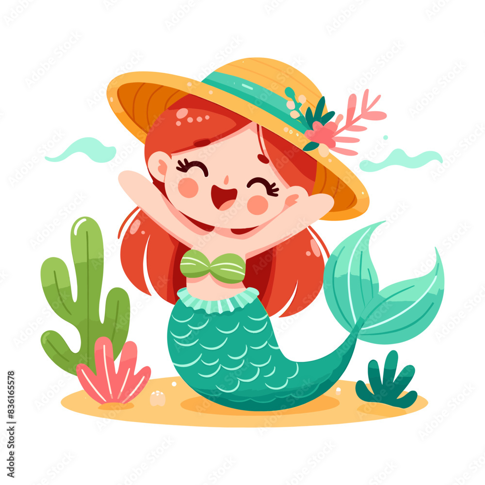 Naklejka premium Cartoon happy mermaid on white background.