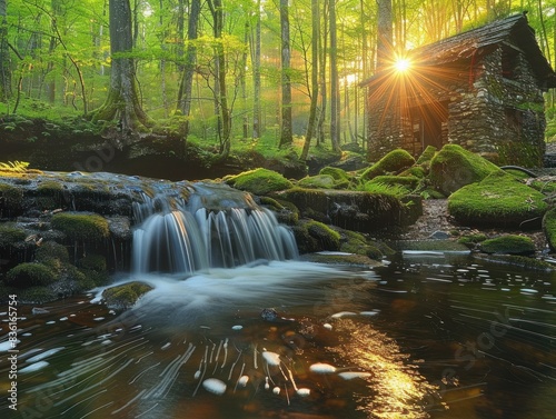 A small waterfall flows through a lush green forest  with a stone cabin illuminated by the morning sun