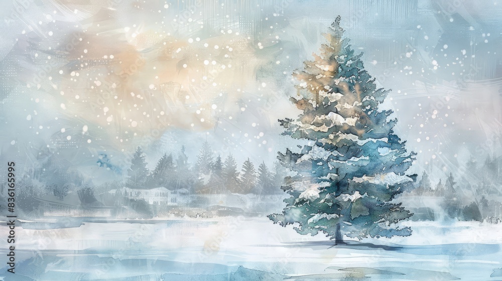 Christmas Greetings Watercolor Winter Scene with Pine Tree Christmas Greetings Watercolor Winter Scene with Pine Tree