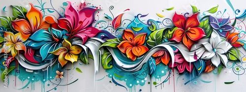 Graffiti style colorful floral painting on white background. The flowers are arranged in such a way that they seem to grow outside the wall. photo