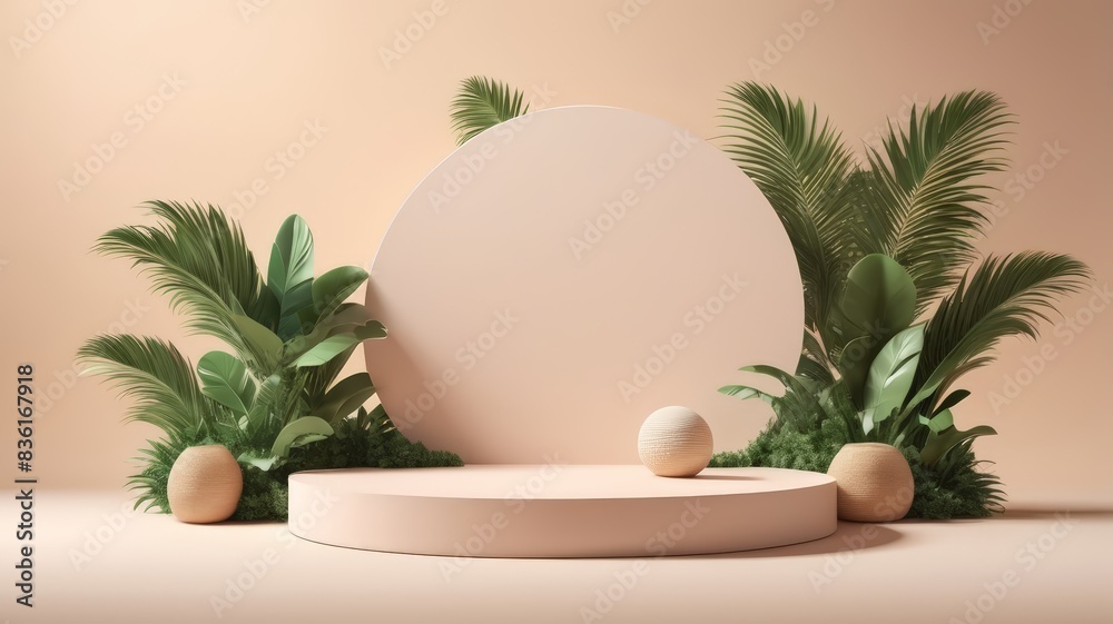 3D podium summer concept. wooden podium on tropical beach with blue sky and trees summer vacation concept 3d rendering 3D podium summer concept. wooden podium on tropical beach with blue sky and trees summer vacation concept 3d rendering