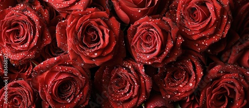 background from red wet roses with water droplets.