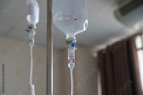 Saline bag for hospital patient, medical treatment concept and health care