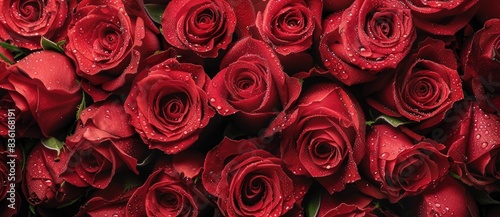 background from red wet roses with water droplets.