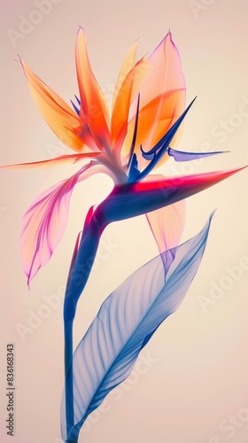 Vibrant Transparent Bird of Paradise Strelitzia flower in X-ray Artistic Style on Warm Orange Pastel Background.