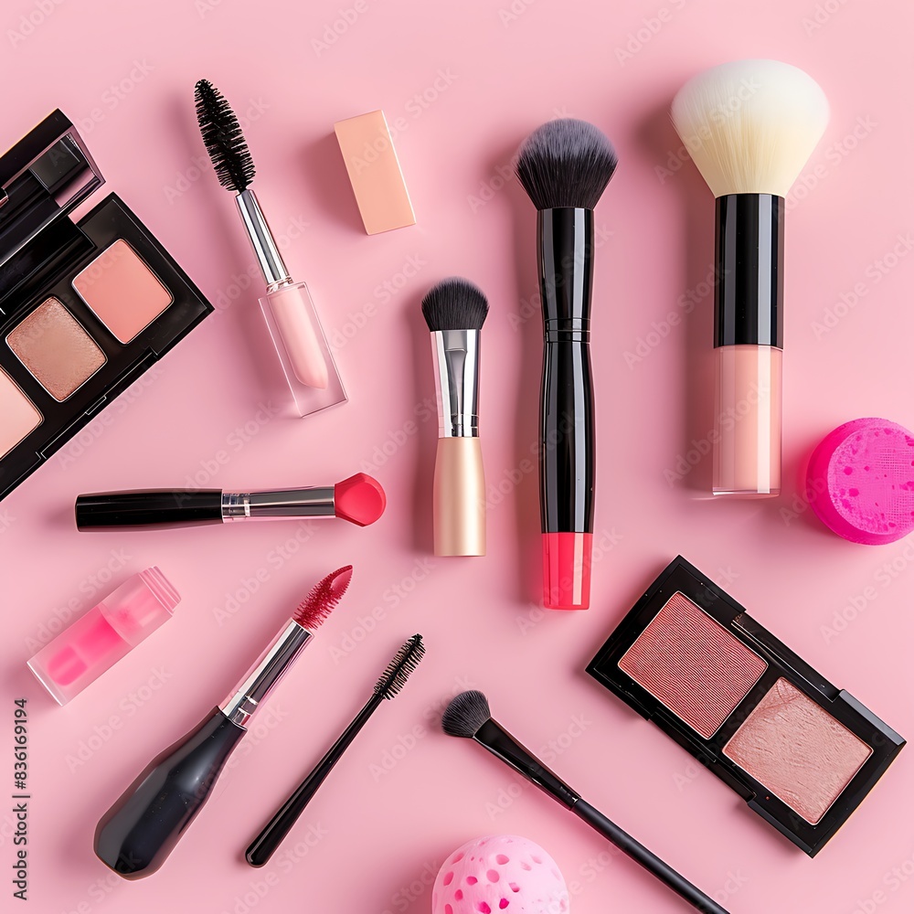 A large collection of makeup products in pink background A large collection of makeup products in pink background