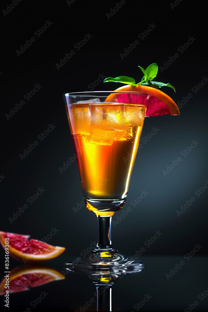 A glass of martini with a green leaf on top. cocktail on a black background, the soft glow A glass of martini with a green leaf on top. cocktail on a black background, the soft glow