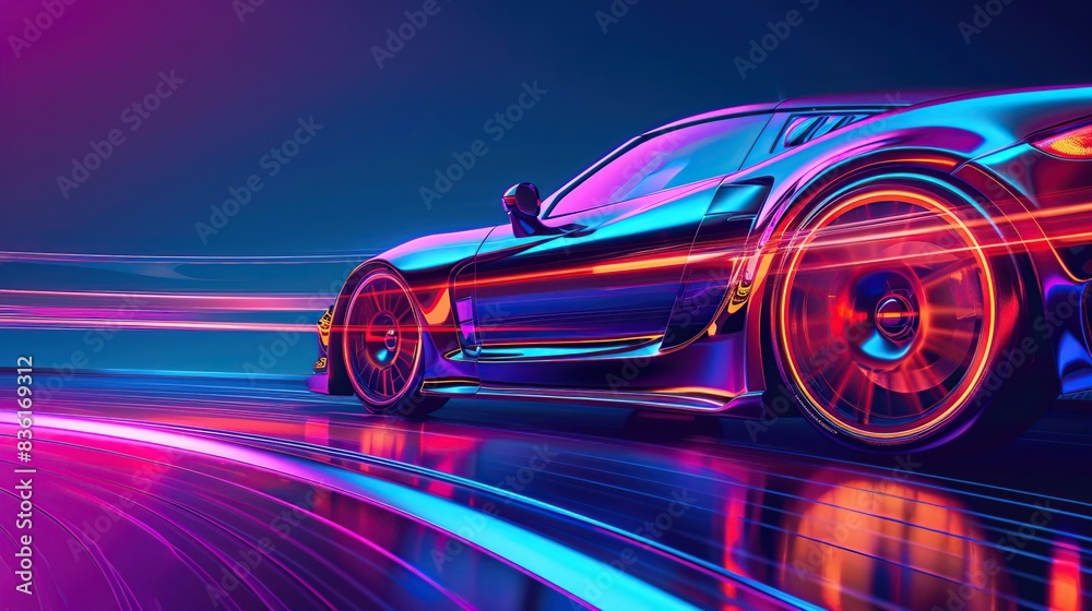 Car traveling at high speed on a road with blurred neon lights depicting speed