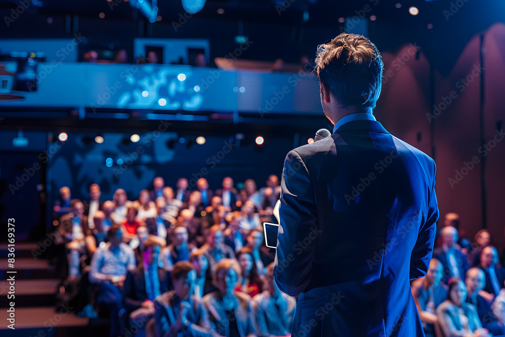 A confident CEO giving a keynote speech at a corporate event, large audience, professional stage setup, impactful and inspiring A confident CEO giving a keynote speech at a corporate event, large audience, professional stage setup, impactful and inspiring
