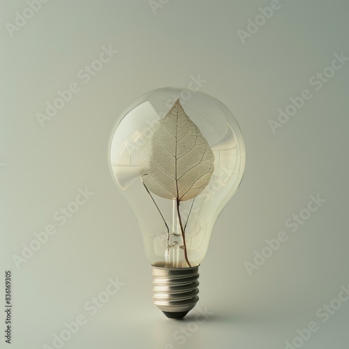 Environmental planet saving lightbulb with transparent green and white leaf in the fillament demonstrating new power sources like solar, wind, turbine, EV, Hydrogen and others to help save the planet photo