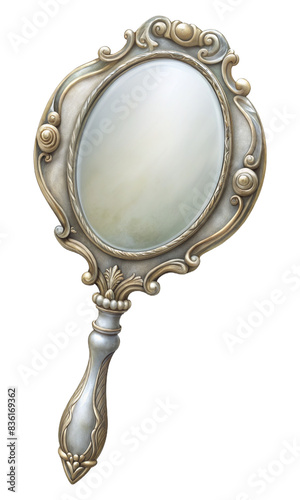 Ornate Antique Hand Mirror. PNG transparent image, AI generative