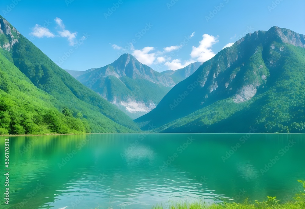 tranquil lake surrounded by mountains and lush green landscape