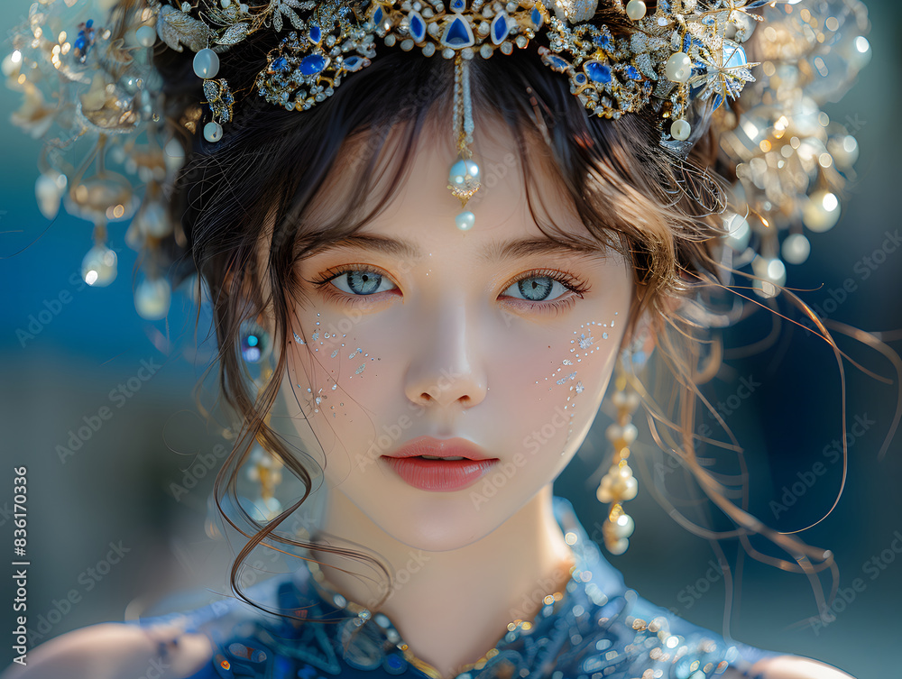 A woman in a fancy dress with a crown of flowers on her heads, standing in front of a building with a blue sky in the background. A woman in a fancy dress with a crown of flowers on her heads, standing in front of a building with a blue sky in the background.