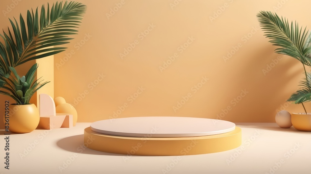 3D podium summer concept. wooden podium on tropical beach with blue sky and trees summer vacation concept 3d rendering 3D podium summer concept. wooden podium on tropical beach with blue sky and trees summer vacation concept 3d rendering