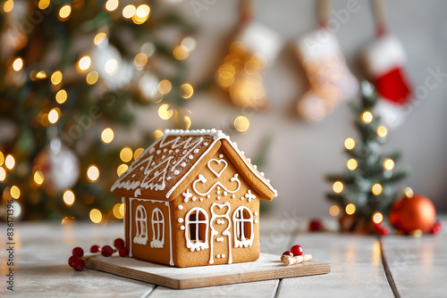 Gingerbread house on the christmas and garlands in the background,small gingerbread house with blurred light bokeh garland and Christmas tree, generative ai