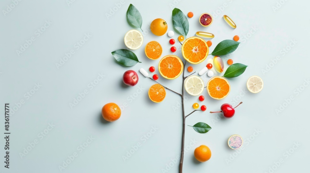 A minimalistic design of vitamins arranged in the shape of a tree generated by AI A minimalistic design of vitamins arranged in the shape of a tree generated by AI