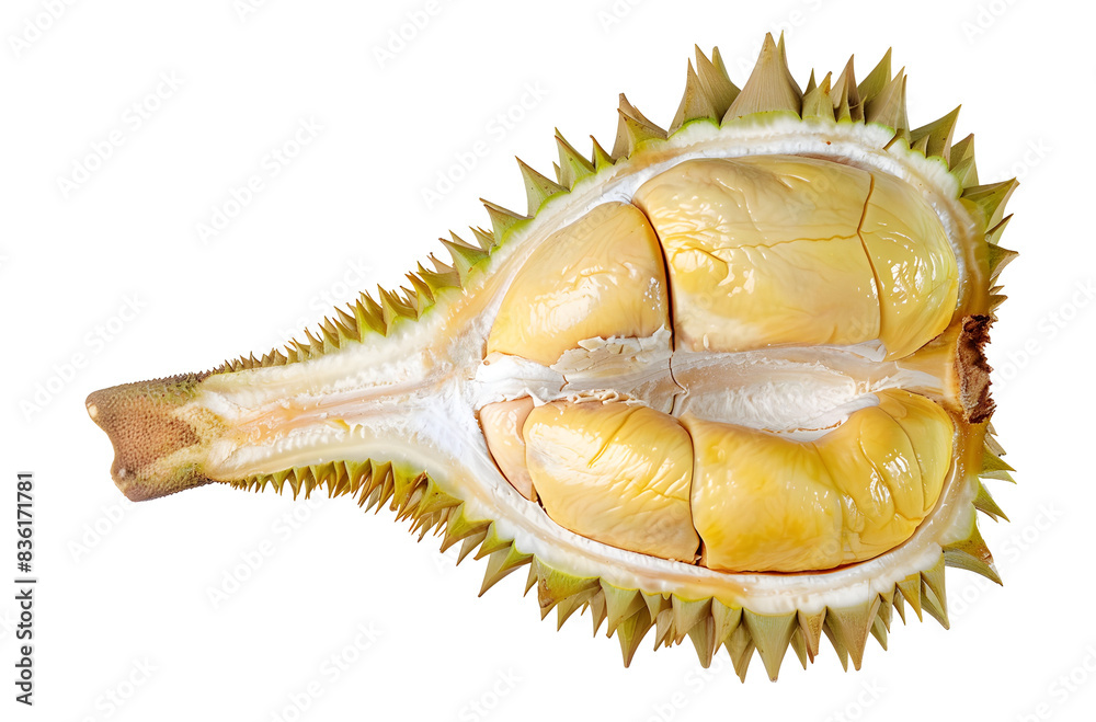 Obraz premium Fresh Ripe Durian, cross section of the durian fruit ,yellow rind and soft pincers inside, tall and long half-open durian with yellow pulp, Isolated on White Background