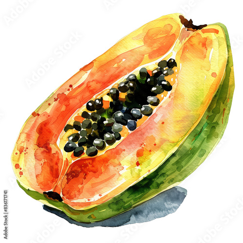 Watercolor illustration of a ripe papaya cut in half showcasing vibrant orange flesh and black seeds, created with vivid, detailed brushstrokes.on transparent background photo