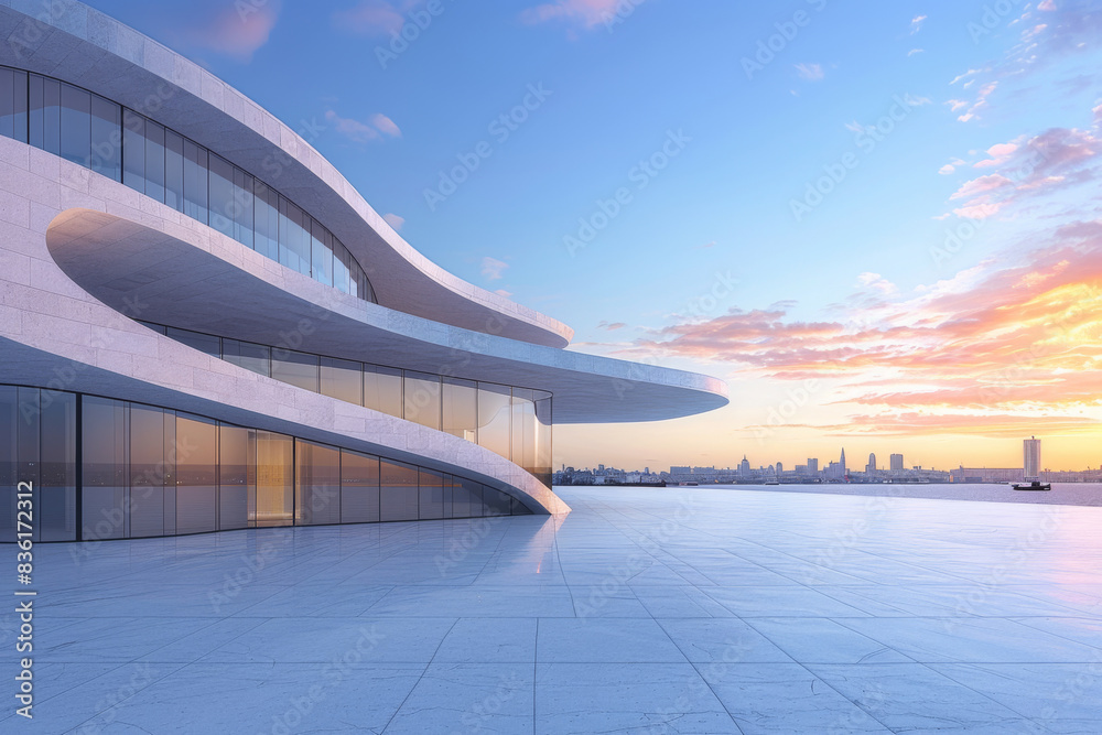 Fototapeta premium Concrete outdoor square building, The modern urban skyline is in the background.