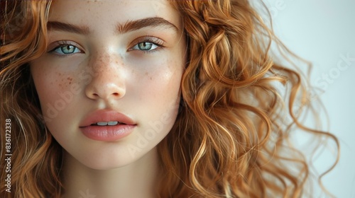 Beatyful face of teenage girl with curly hair on a white background with ample copy space available for beauty blog or beauty website.