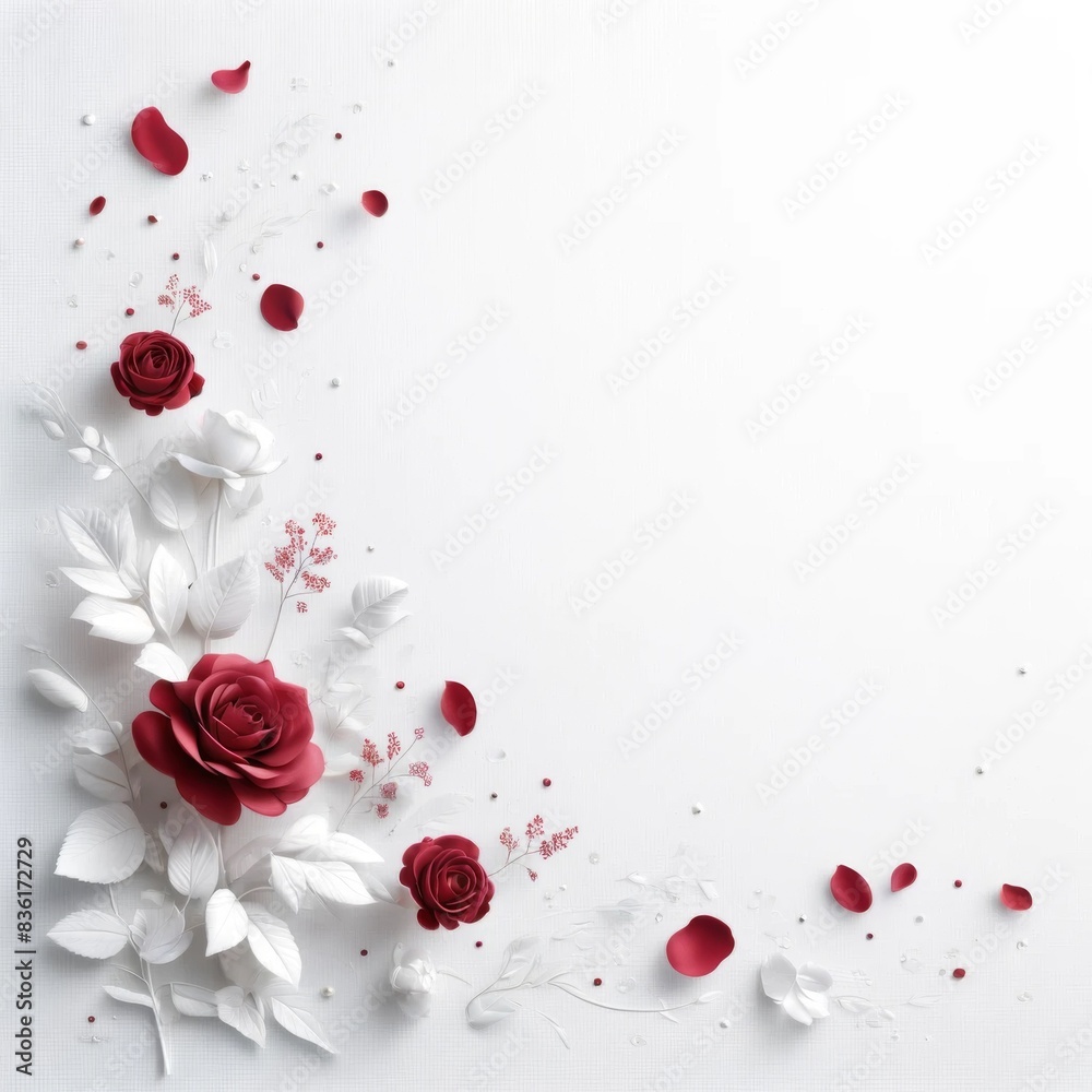 Beautiful romantic red white rose flowers composition on white background. Ideal for wedding, baby shower, mother's day, woman's day, valentine's, cosmetics presentation. Space for text