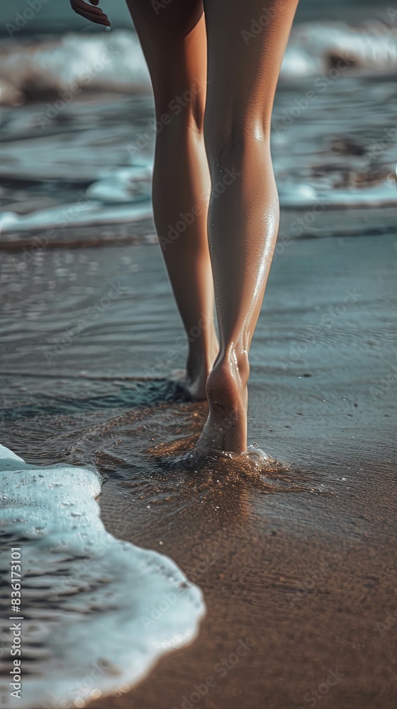 Woman Walking Barefoot on Sandy Beach at Sunset Woman Walking Barefoot on Sandy Beach at Sunset