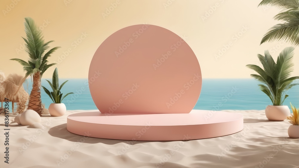 3D podium summer concept. wooden podium on tropical beach with blue sky and trees summer vacation concept 3d rendering 3D podium summer concept. wooden podium on tropical beach with blue sky and trees summer vacation concept 3d rendering