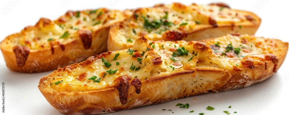 Delicious garlic bread topped with melted cheese and sprinkled with fresh herbs. Perfect for a tasty appetizer or side dish. Delicious garlic bread topped with melted cheese and sprinkled with fresh herbs. Perfect for a tasty appetizer or side dish.