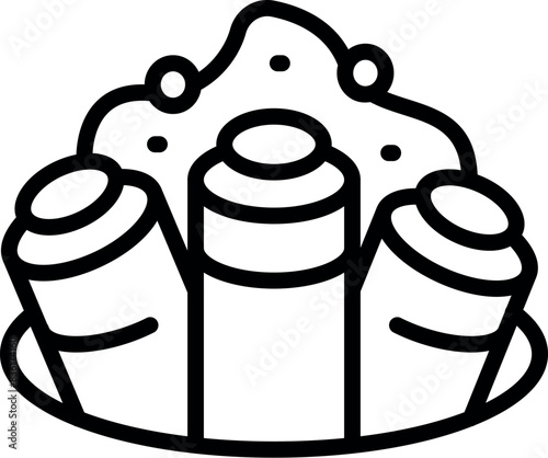 Black and white line art illustration of delicious cartoon cinnamon rolls with icing, served on a plate