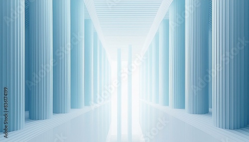 Tilted columns grace a serene, airy, wide-screen architectural banner, adorned in minimalistic white and light blue hues
