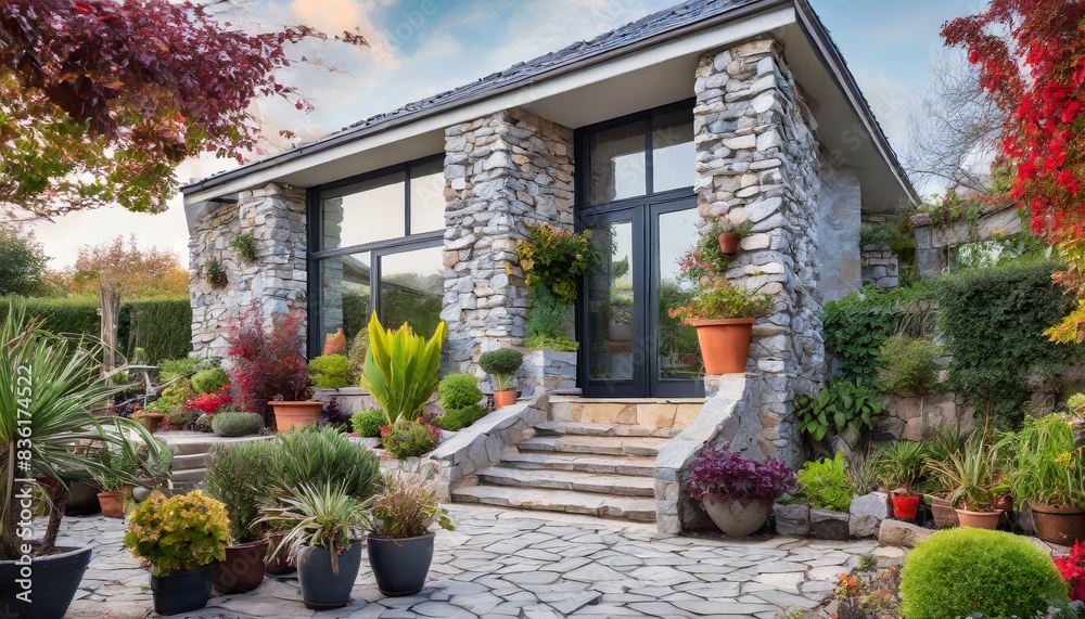 Obraz premium a contemporary house with a stone facade, surrounded by colorful gardens and potted plants, in a serene outdoor setting