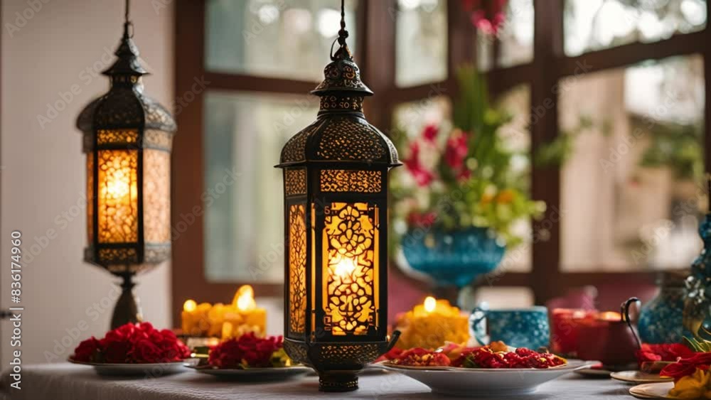 Islamic Festive Decorations, Calligraphy Banners, and Party Table Setting. Islamic Festive Decorations, Calligraphy Banners, and Party Table Setting.