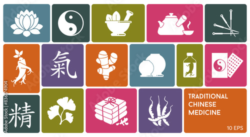 A set of icons of traditional Chinese medicine. It includes acupuncture, vacuum cupping, ginseng, ginger, and other