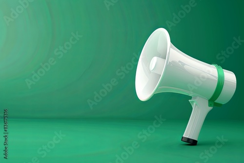 3D white megaphone on the right side with vibrant green background © dekreatif