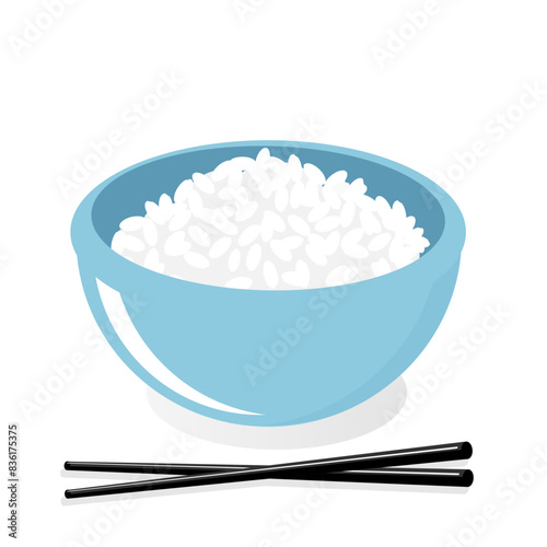 Rice bowl with chopsticks on white background vector.
