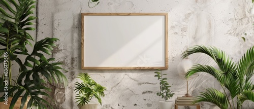 A blank white wooden picture frame hangs on a textured interior wall for an architectural touch with the greenery of rainforest plants. Near white wall, frame mockup photo