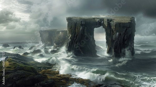 A rugged shoreline featuring a sizable rocky structure with a small opening with turbulent waters and a cloudy sky