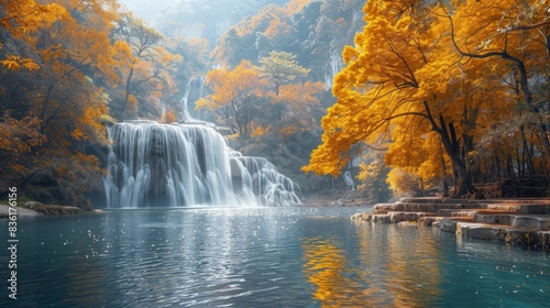 Waterfall in autumn forest at Erawan waterfall 